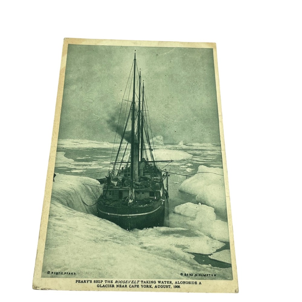 Antique 1908 Peary Ship Roosevelt Arctic Glacier Postcard 1910 Postmark Stamp‎
